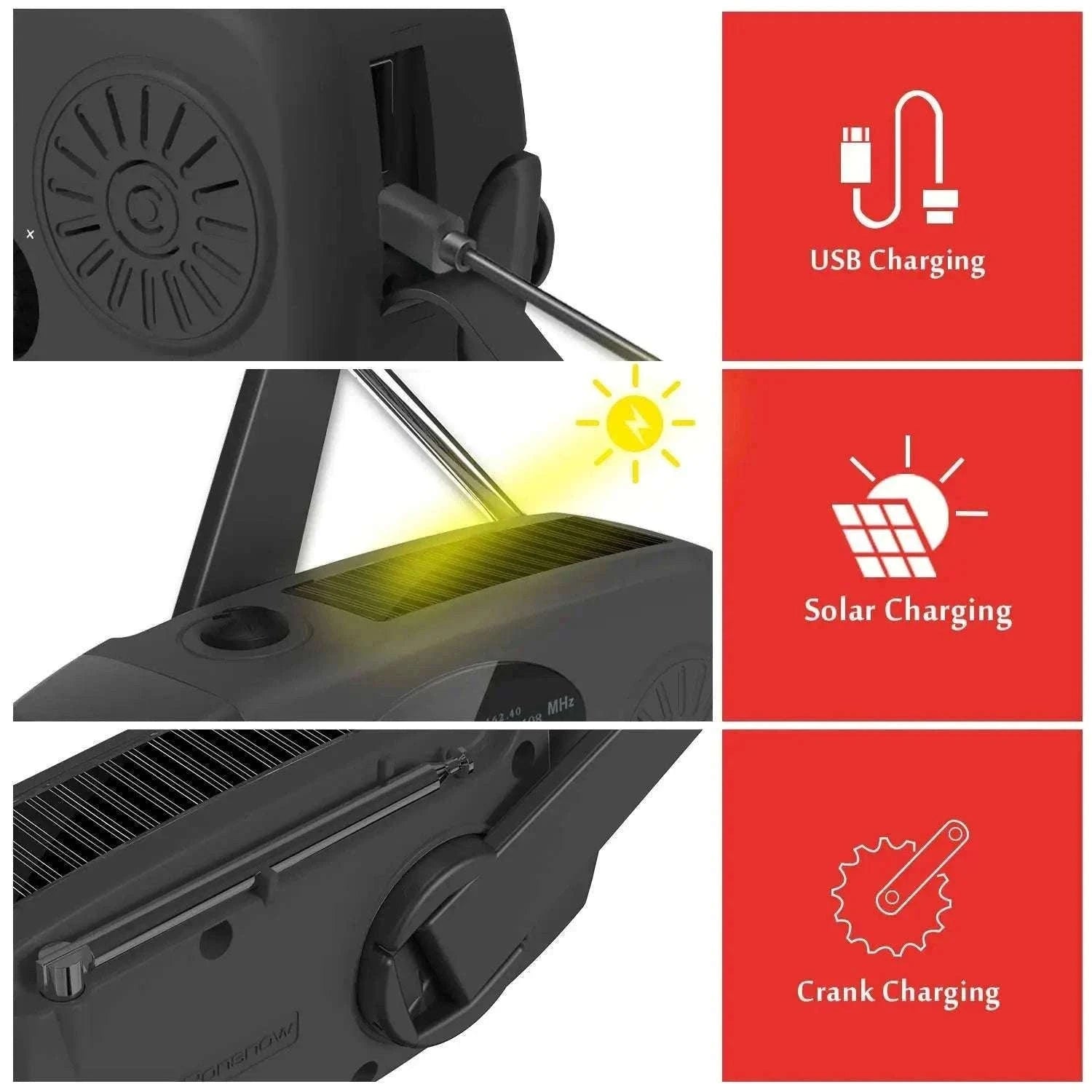 Emergency Hand Crank Radio with Solar Power and LED Light-red