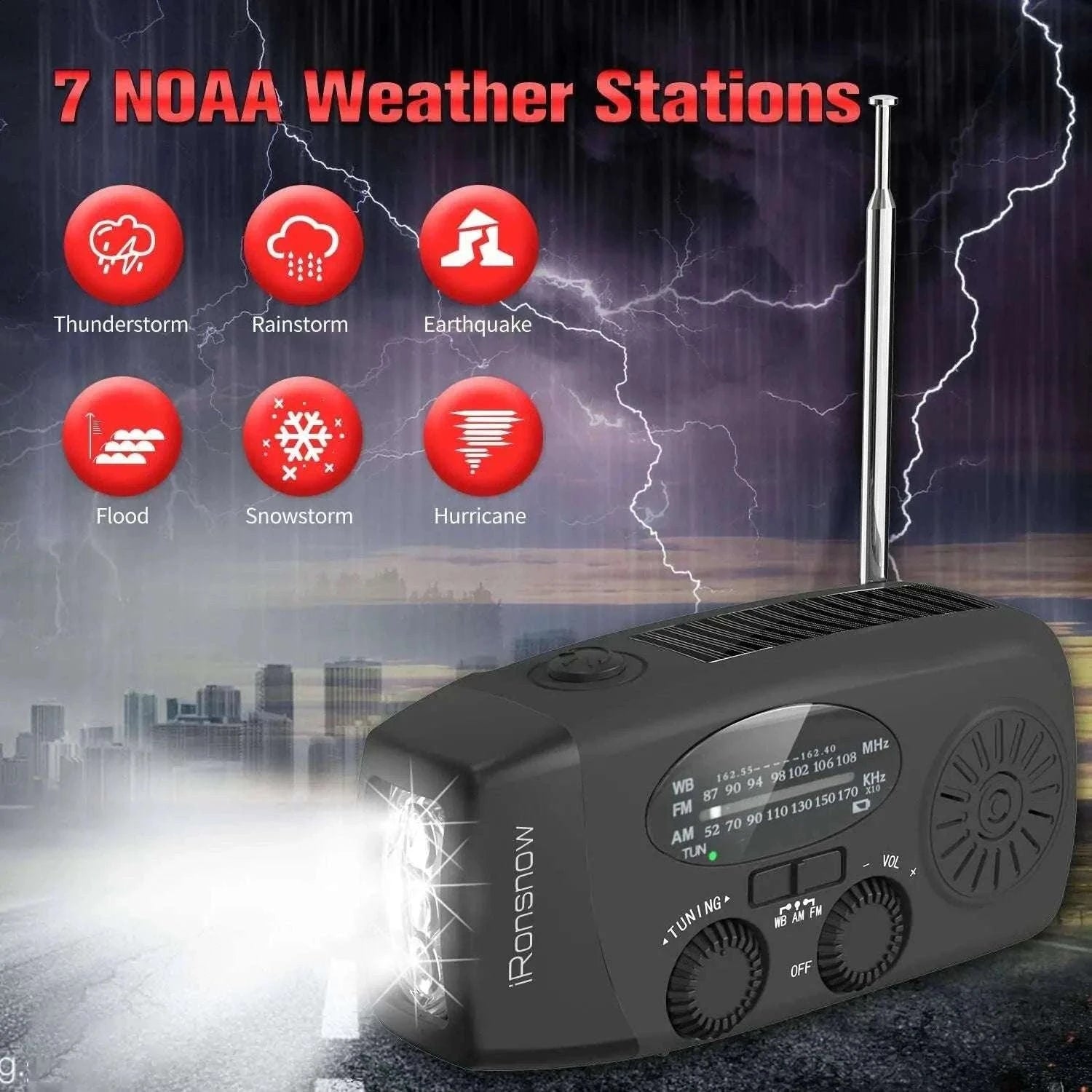 Emergency Hand Crank Radio with Solar Power and LED Light-red