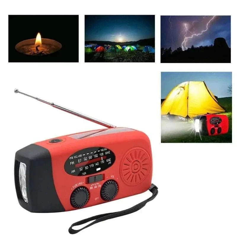 Emergency Hand Crank Radio with Solar Power and LED Light-red
