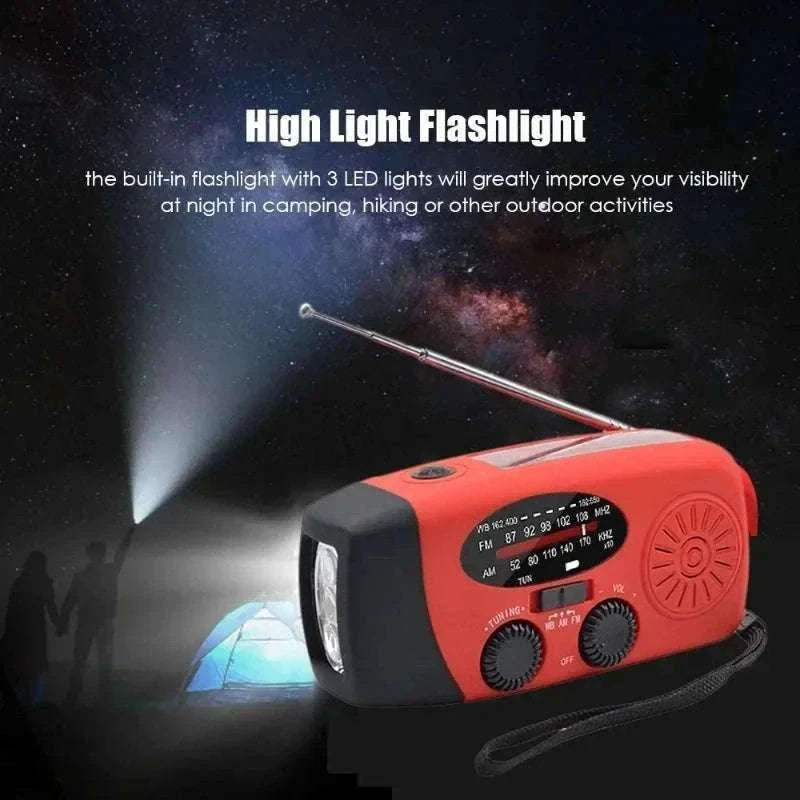 Emergency Hand Crank Radio with Solar Power and LED Light-red