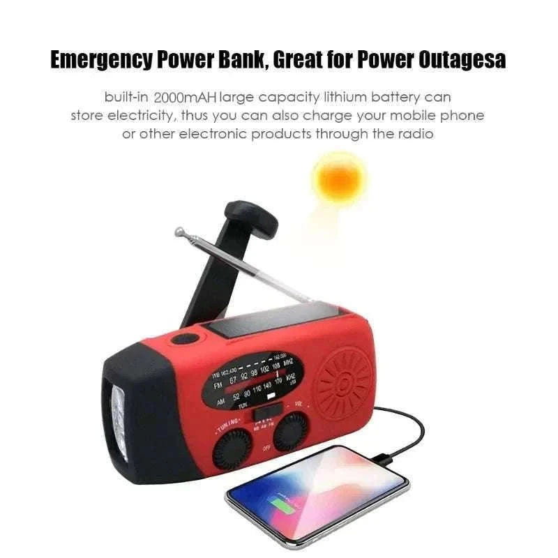 Emergency Hand Crank Radio with Solar Power and LED Light-red