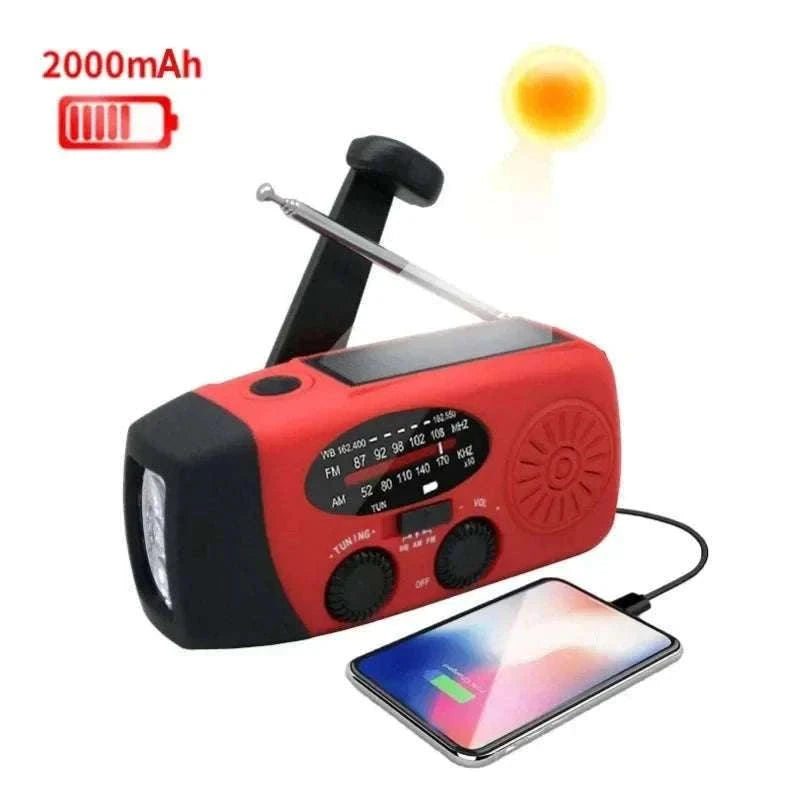 Emergency Hand Crank Radio with Solar Power and LED Light-red
