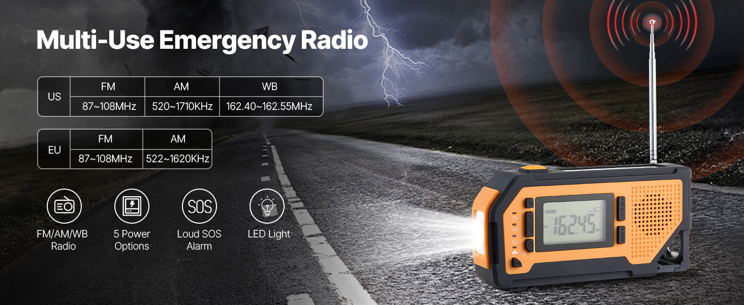Rádio pre núdzové počasie s upozorneniami NOAA, ručným kľukom a solárnym napájaním