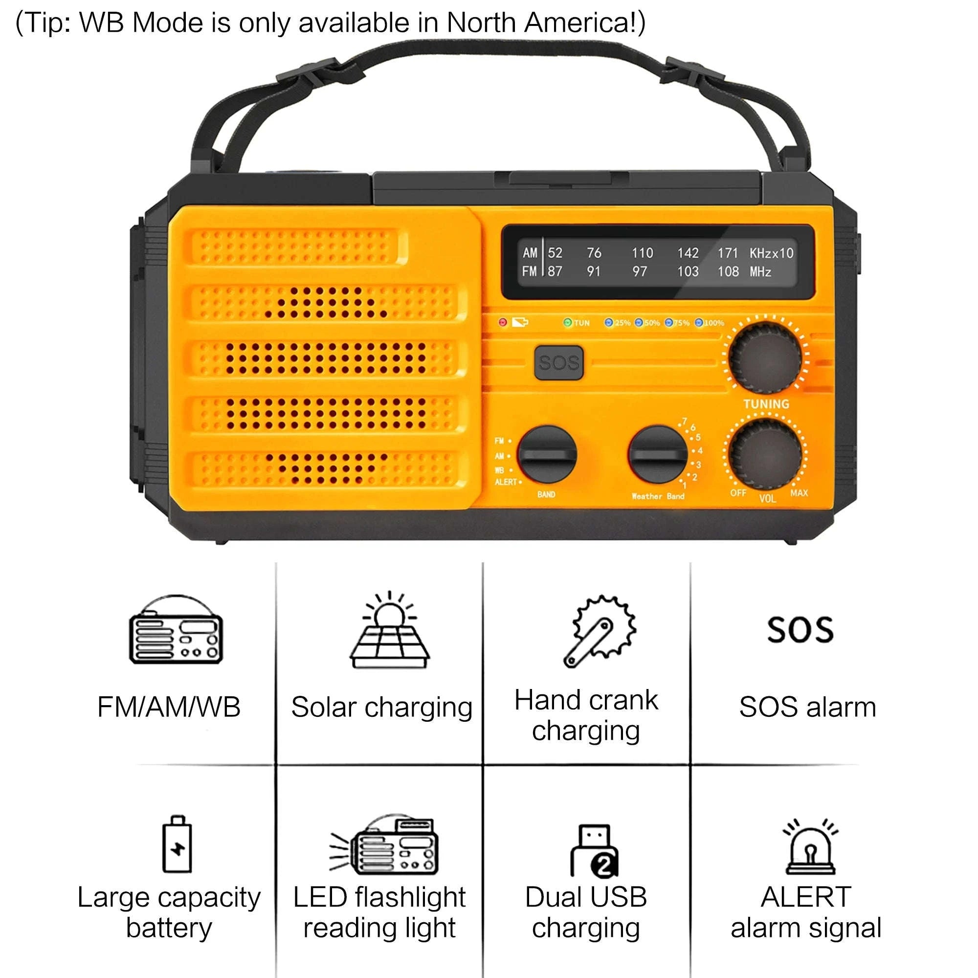 Emergency Weather Radio Multifunctional Hand Crank Solar Power Bank-Style D Orange