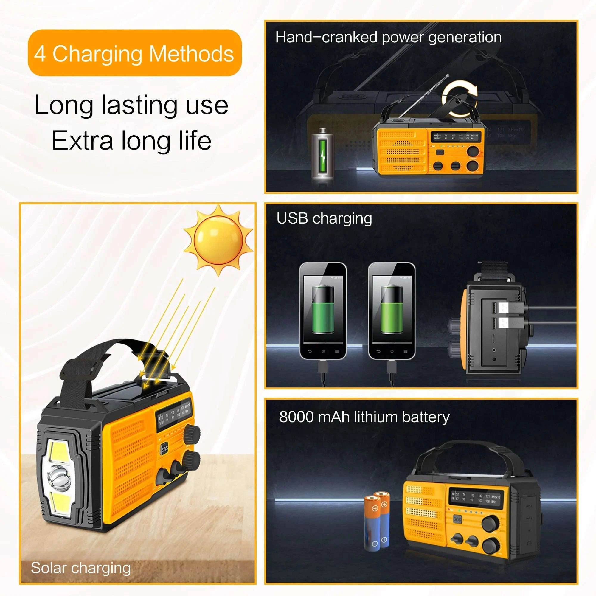 Emergency Weather Radio Multifunctional Hand Crank Solar Power Bank-Style D Orange
