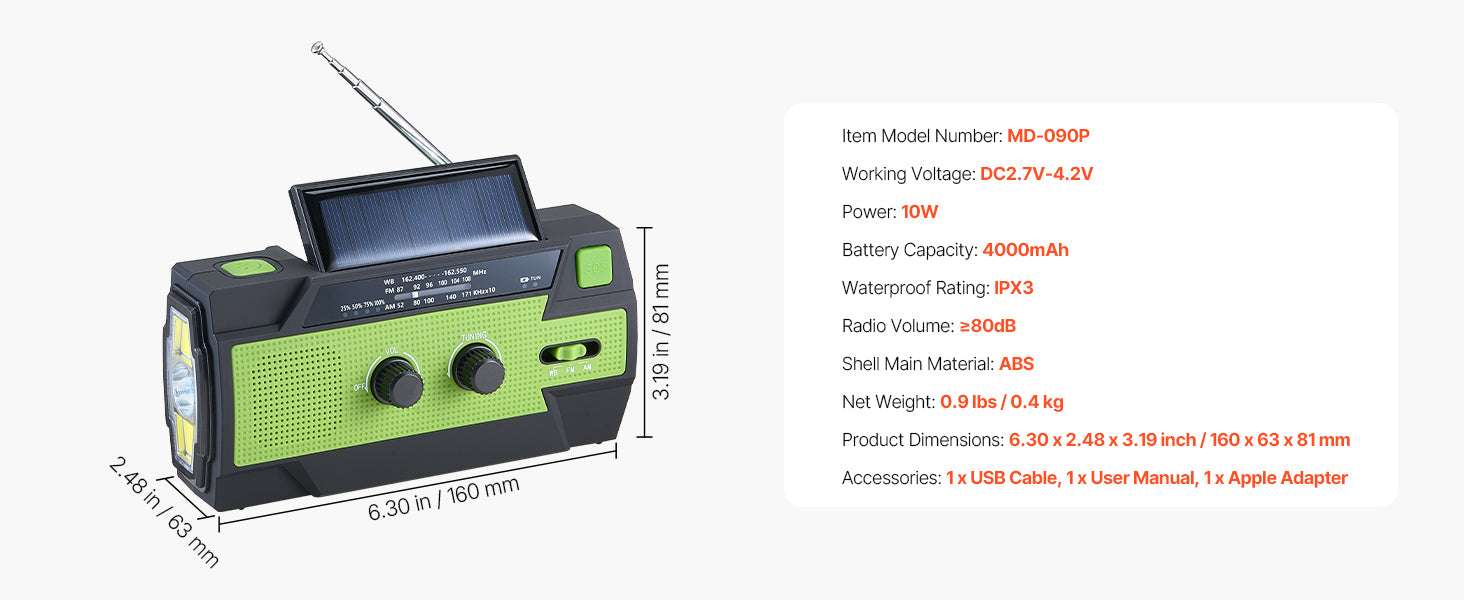 Emergency Weather Radio with NOAA Alert, Hand Crank & Solar Power-Dual Knob / United States