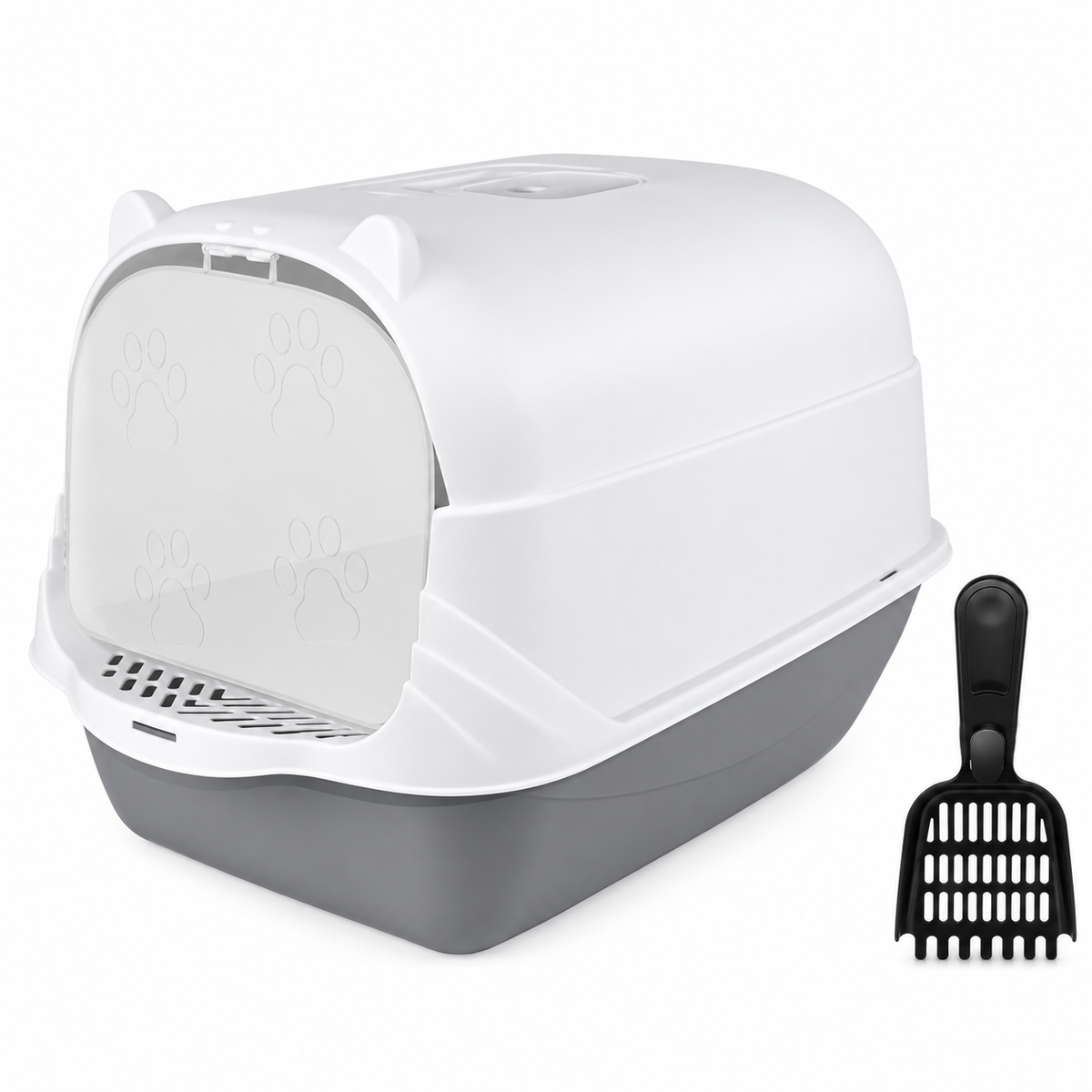 White and gray enclosed cat litter box with included scoop on white