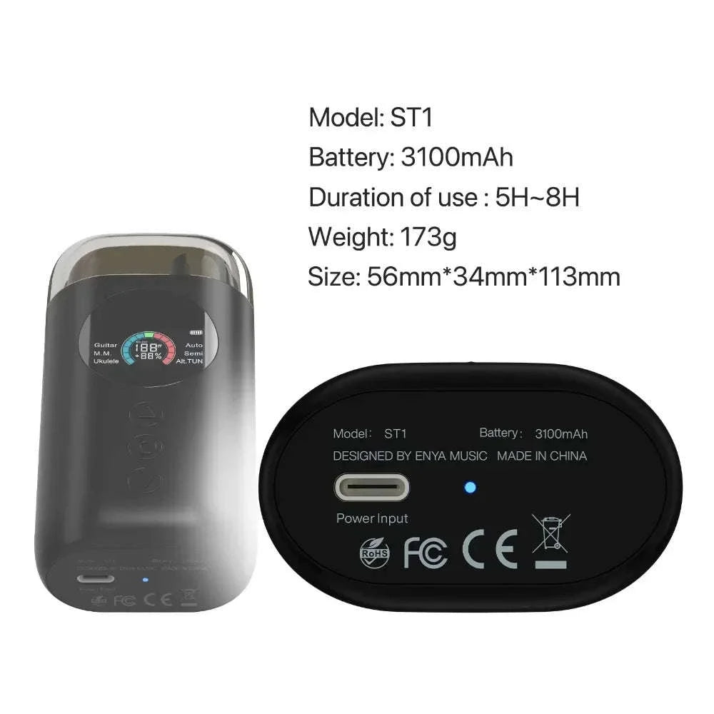 Enya Smart Automatic Guitar Tuner with LCD Screen, Metronome & String Winder-Black