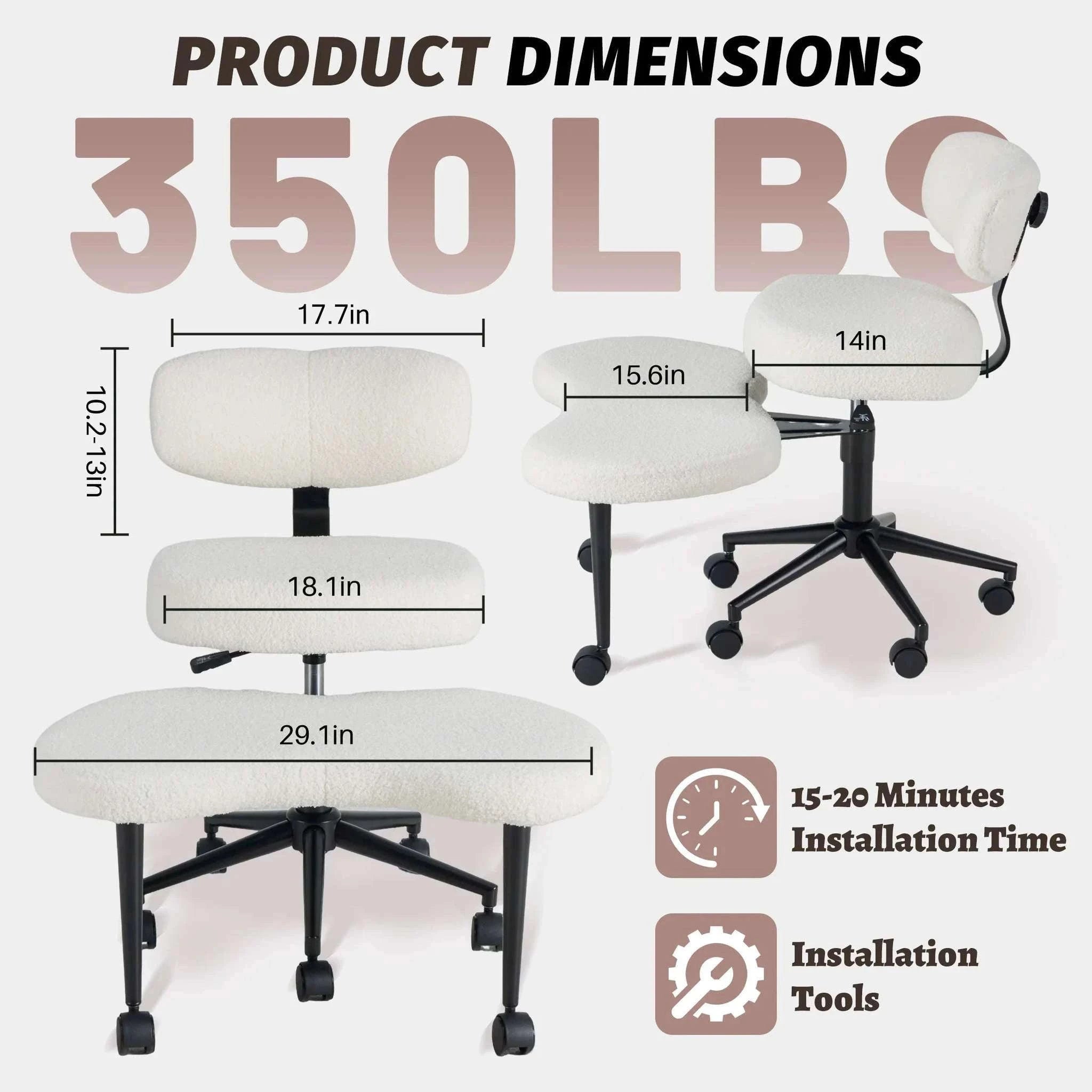 Ergonomic Armless Office Chair with Lumbar Support and Swivel Wheels-Teddy Pink / United States