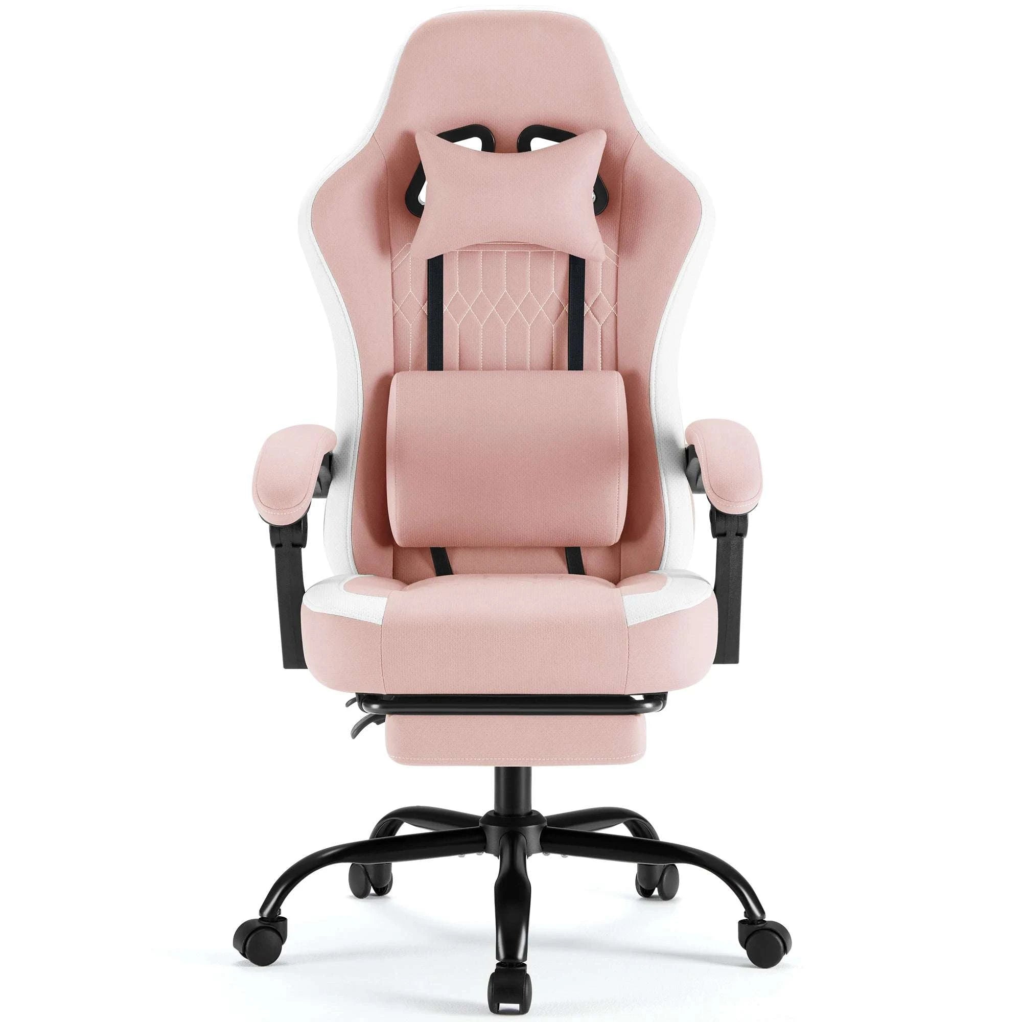 Ergonomic Gaming Chair with Lumbar Support, Recline & Footrest-Pink / United States