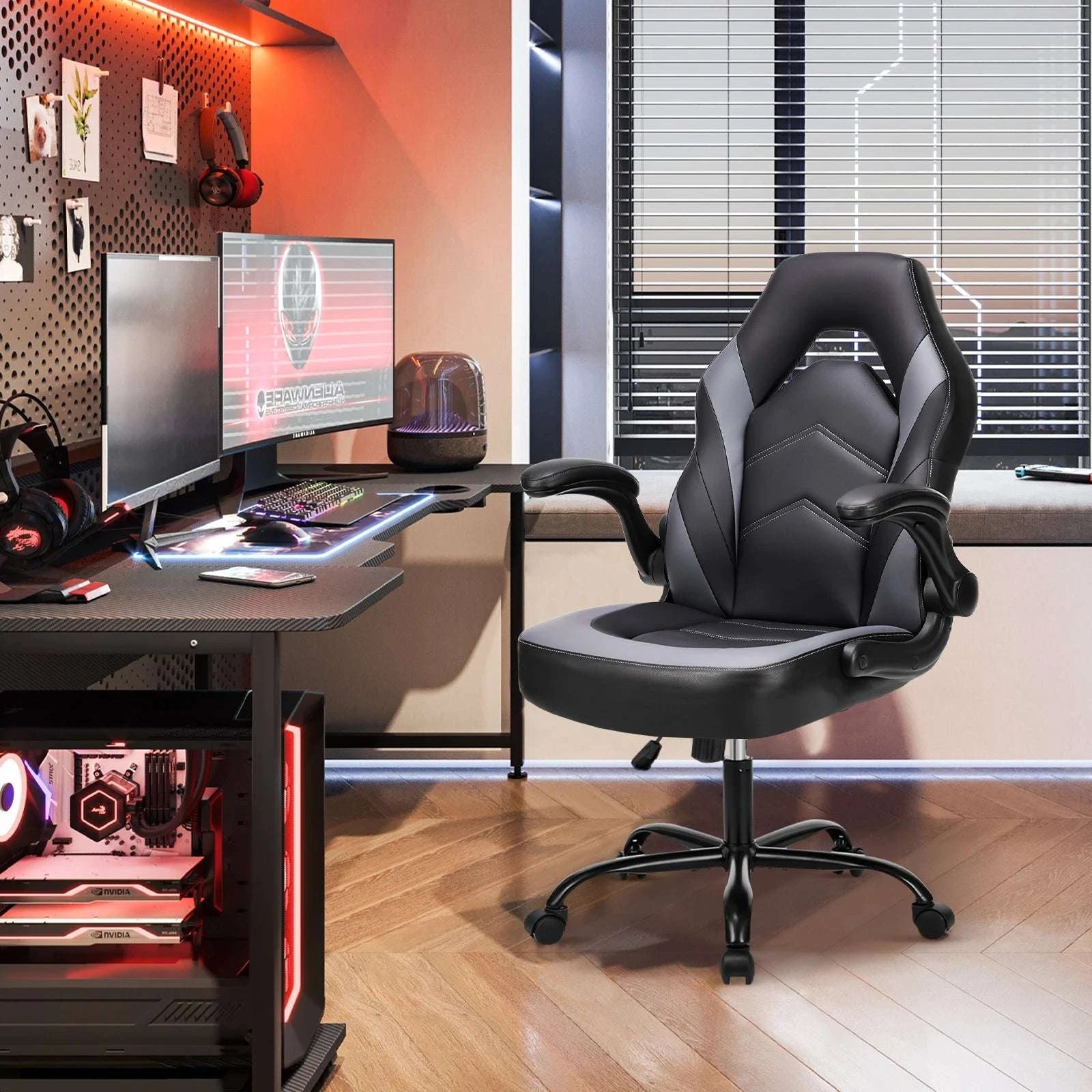 Ergonomic Gaming Office Chair with Flip-Up Armrests & Adjustable Height-Blue / United States