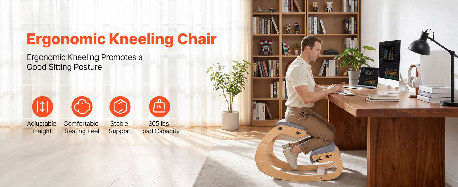 Ergonomic Kneeling Chair with Wooden Frame & Thick Cushions-Beige TypeA / United States