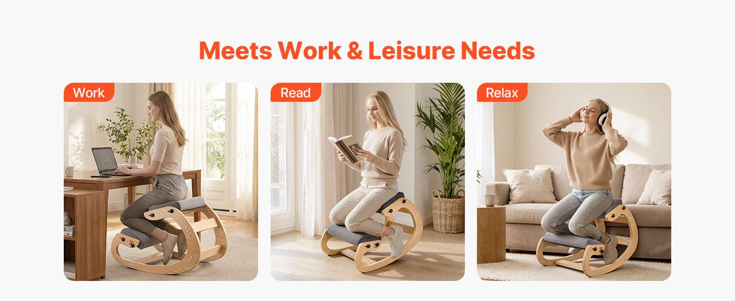 Ergonomic Kneeling Chair with Wooden Frame & Thick Cushions-Beige TypeA / United States