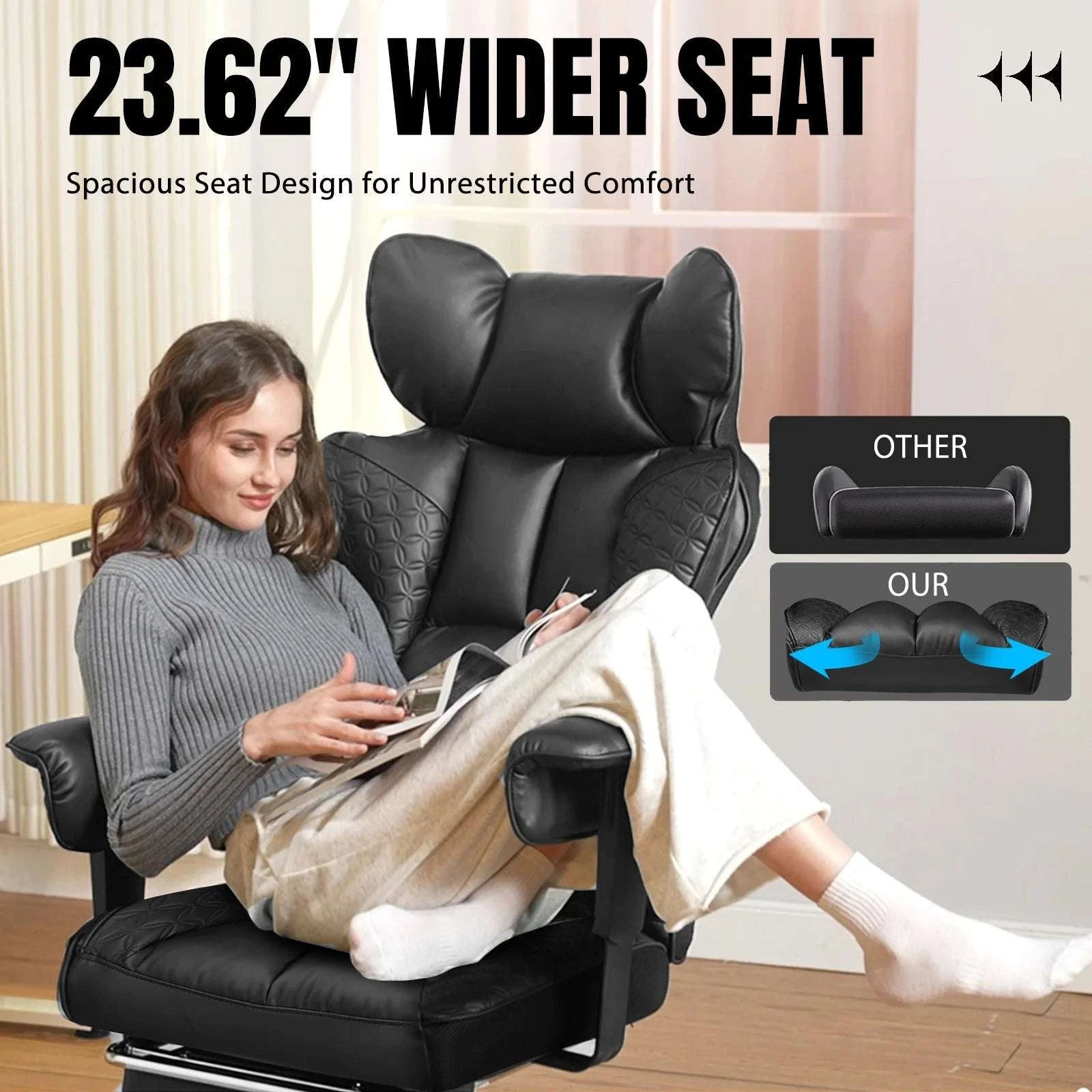 Ergonomic Leather Office Chair with Footrest & Reclining Back-black / United States