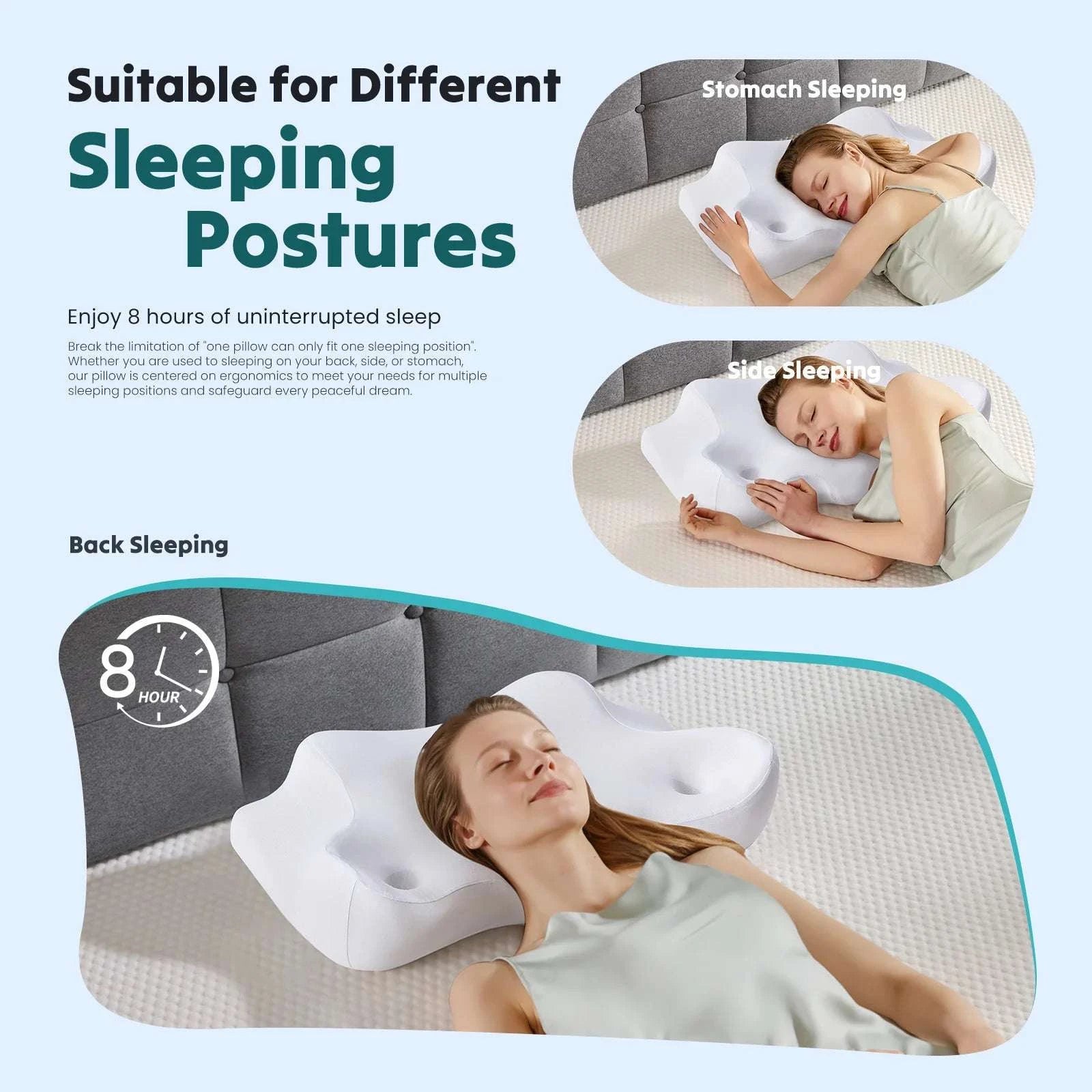Ergonomic Memory Foam Cervical Neck Pillow with Cooling Case-WHITE / United States