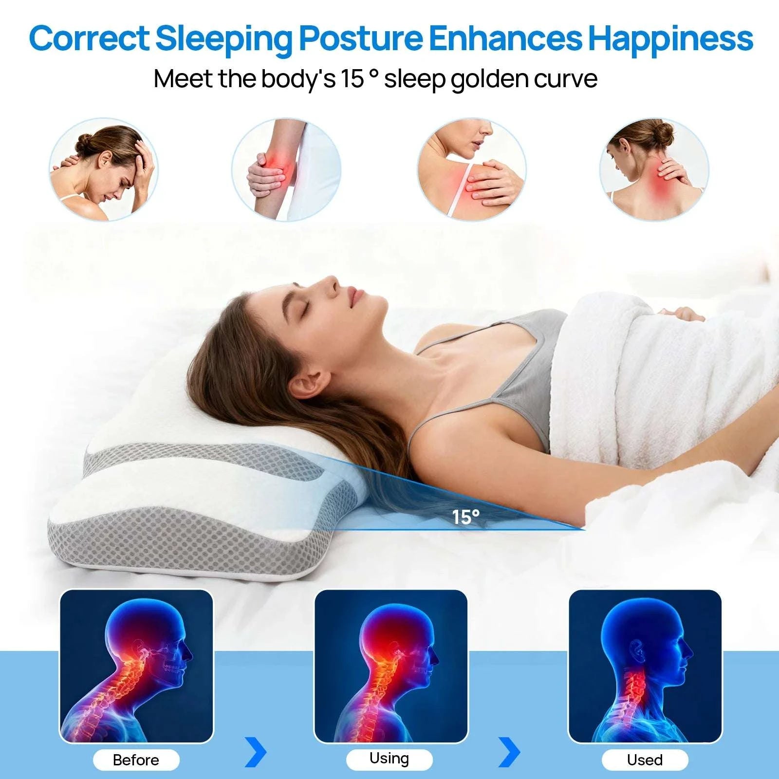 Ergonomic Memory Foam Cervical Pillow with Cooling Cover-White / United States