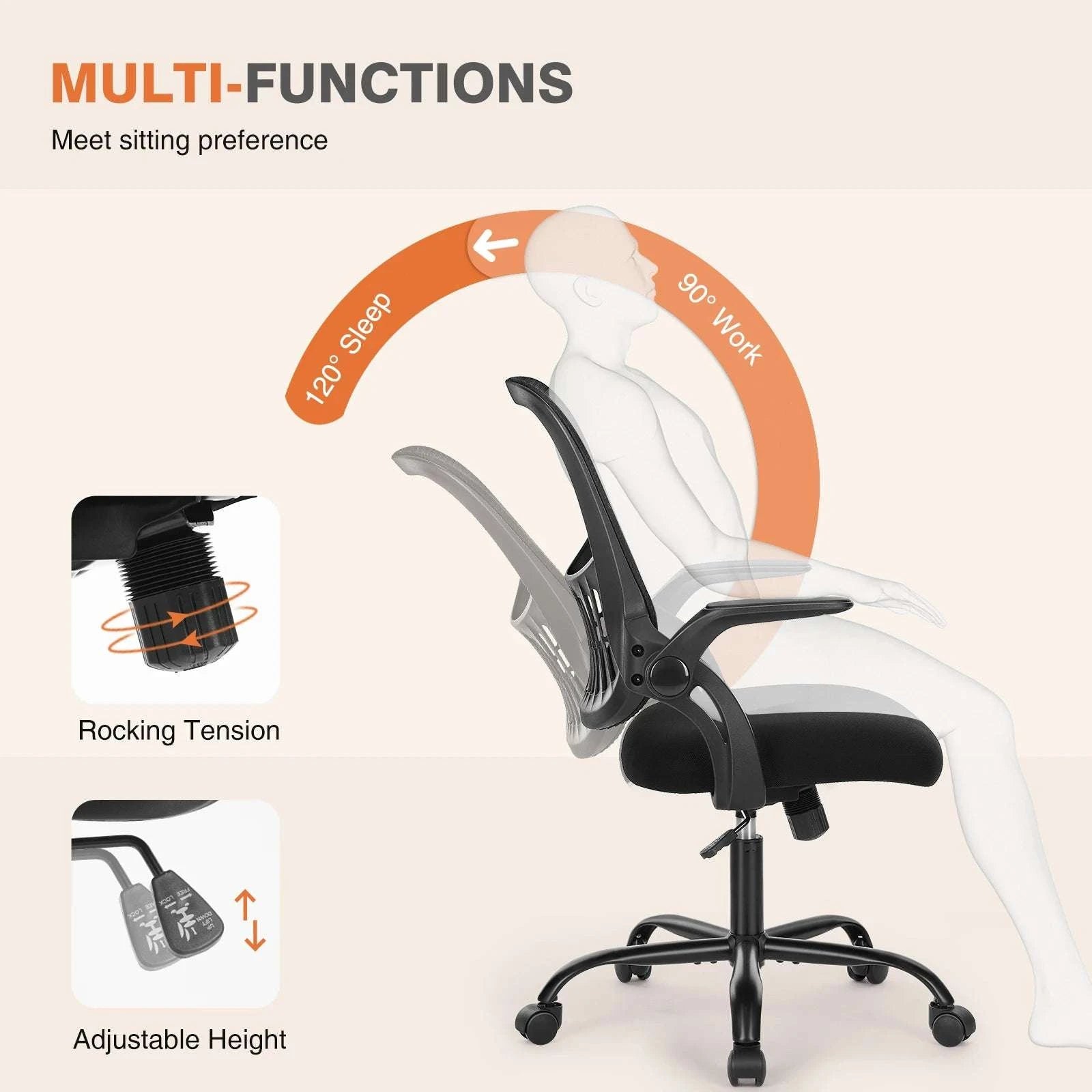 Ergonomic Mesh Office Chair with Lumbar Support & Adjustable Height-Short flip armrest / GERMANY