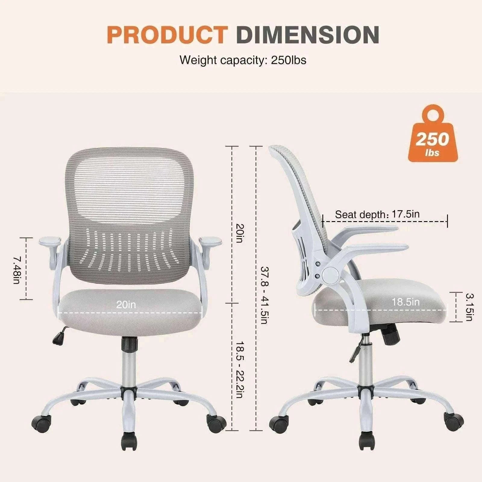 Ergonomic Mesh Office Chair with Lumbar Support & Adjustable Height-Short flip armrest / United States