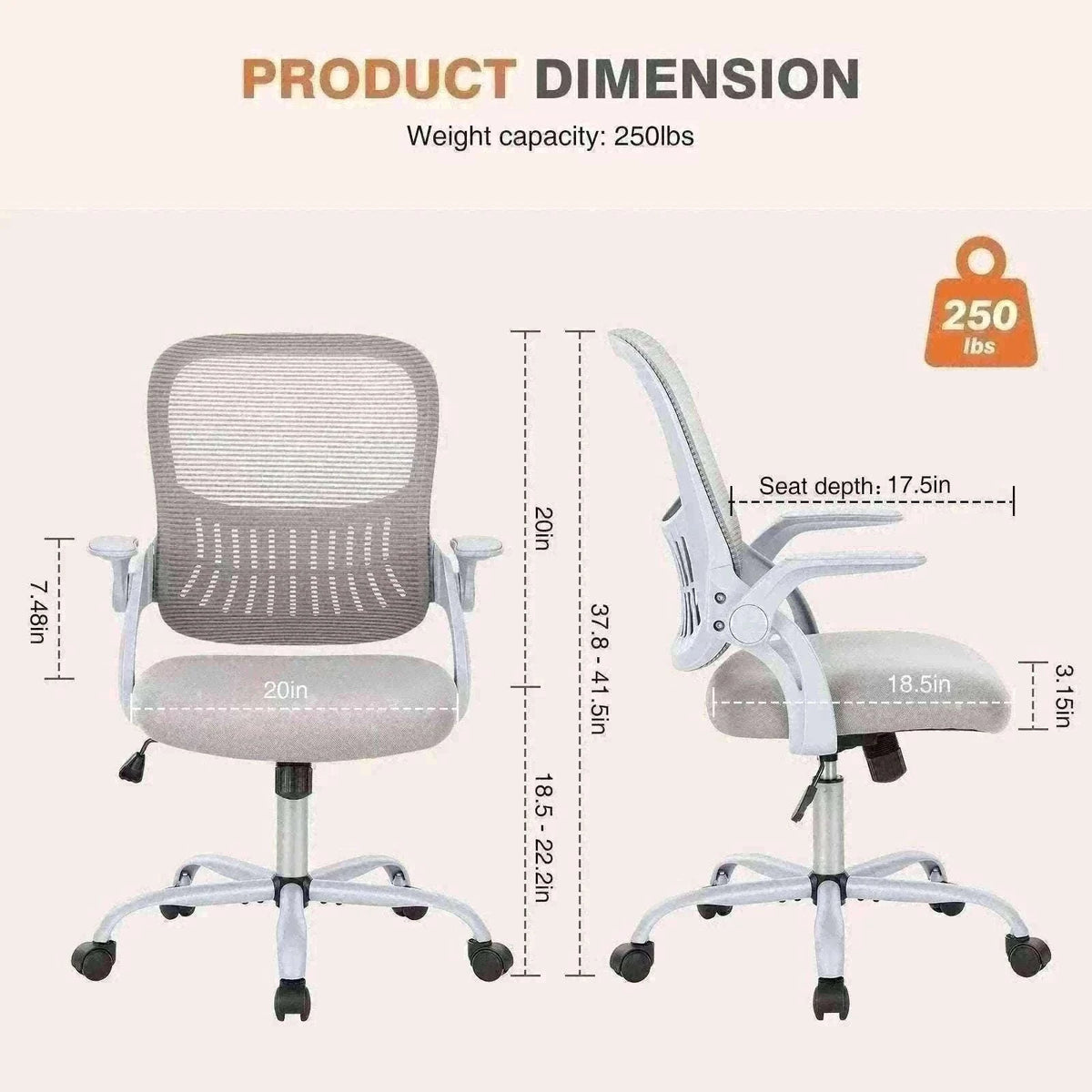 Ergonomic Mesh Office Chair with Lumbar Support & Adjustable Height-Short flip armrest / United States