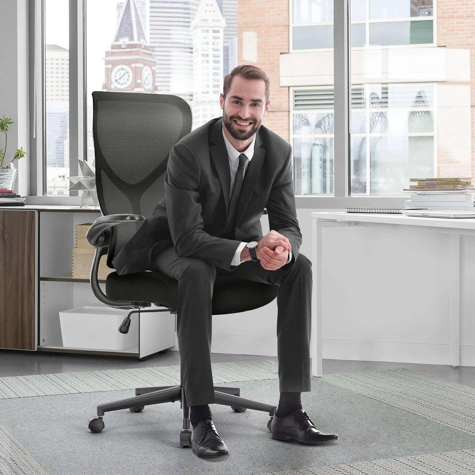 Ergonomic Mesh Office Chair with Lumbar Support & Flip-Up Arms-LIGHT GRAY / United States