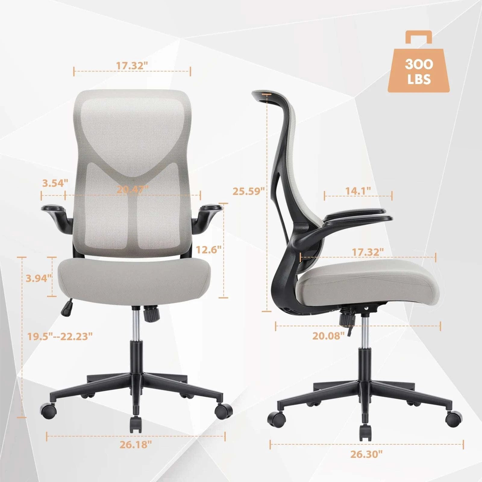 Ergonomic Mesh Office Chair with Lumbar Support & Flip-Up Arms-LIGHT GRAY / United States