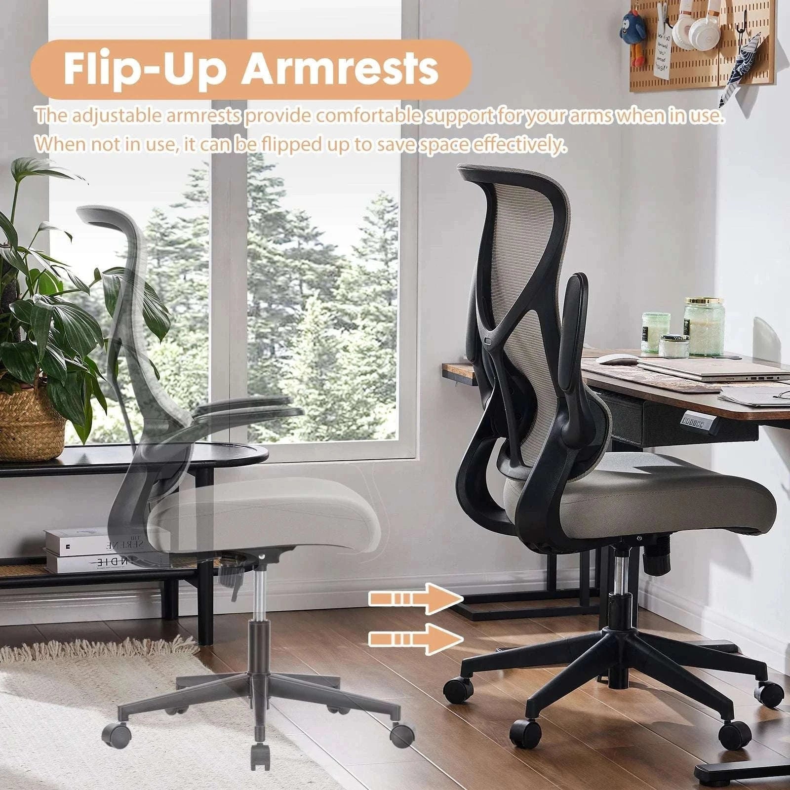 Ergonomic Mesh Office Chair with Lumbar Support & Flip-Up Arms-LIGHT GRAY / United States