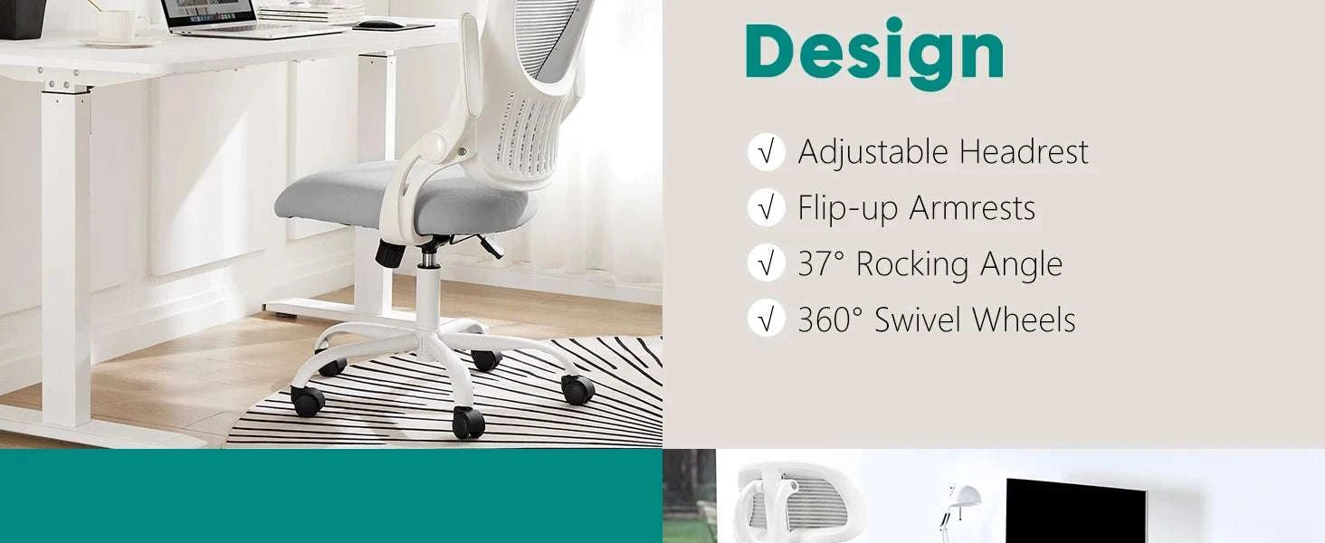 Ergonomic Mesh Office Chair with Lumbar Support, Headrest & Flip Arms-LIGHT GRAY / United States