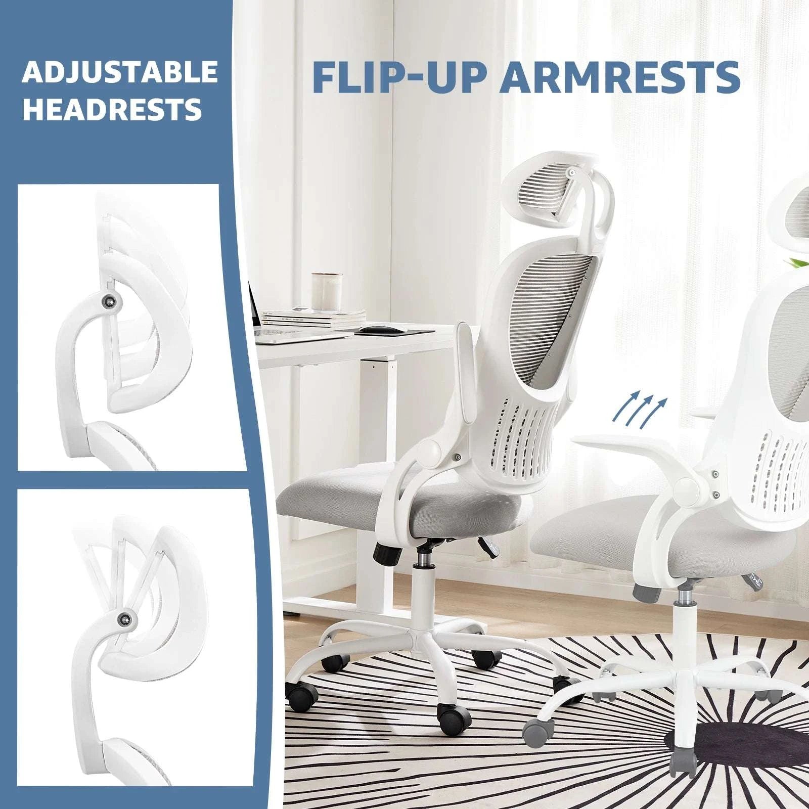 Ergonomic Mesh Office Chair with Lumbar Support, Headrest & Flip Arms-LIGHT GRAY / United States