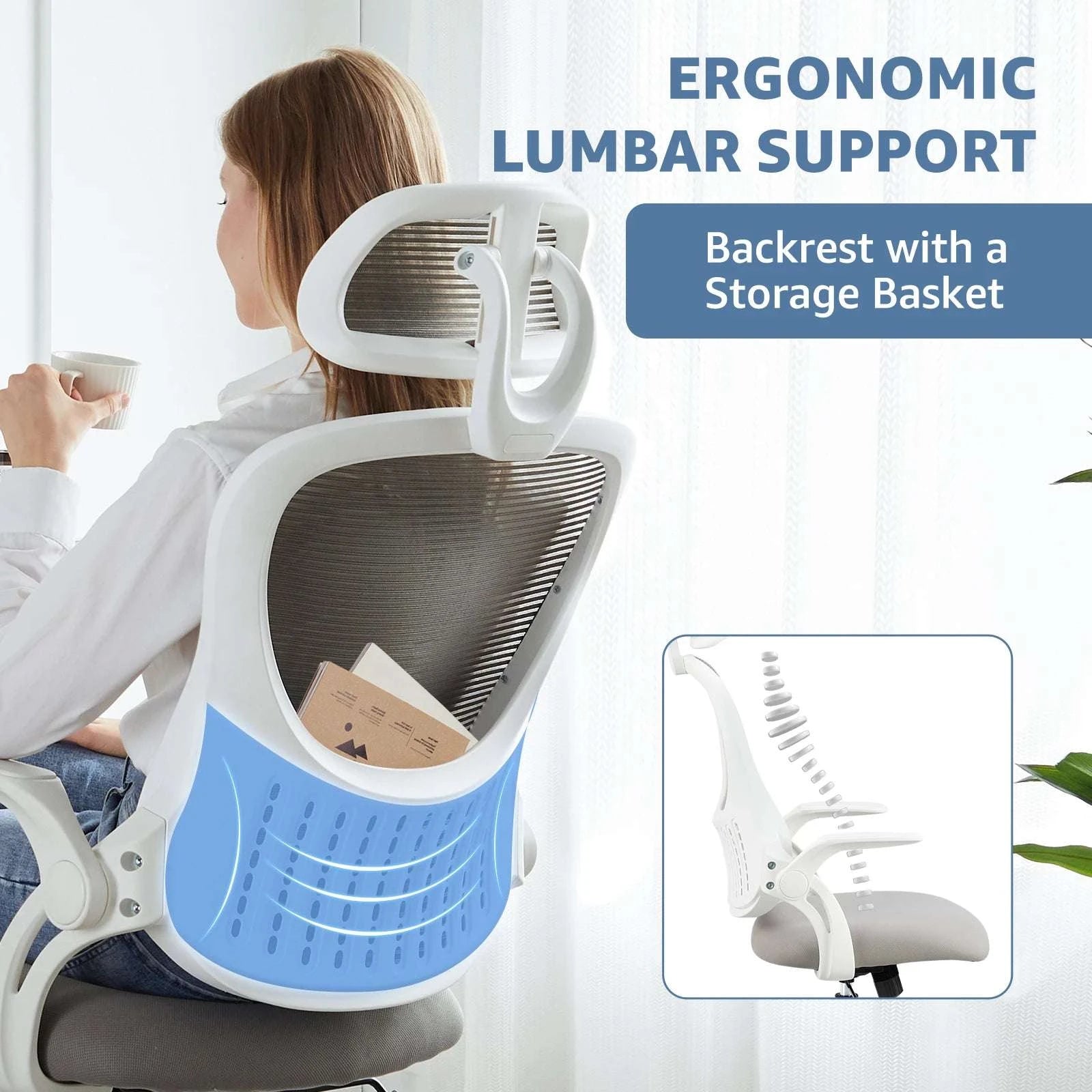 Ergonomic Mesh Office Chair with Lumbar Support, Headrest & Flip Arms-LIGHT GRAY / United States