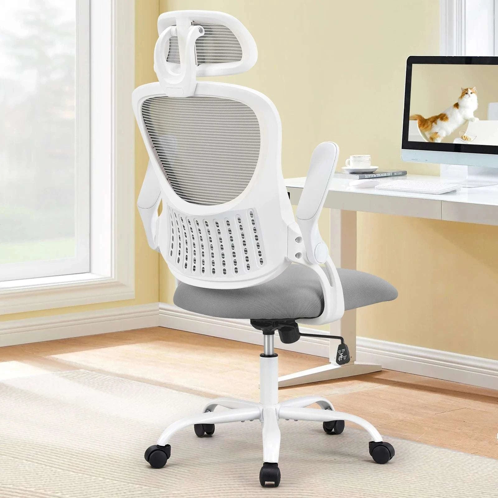 Ergonomic Mesh Office Chair with Lumbar Support, Headrest & Flip Arms-LIGHT GRAY / United States