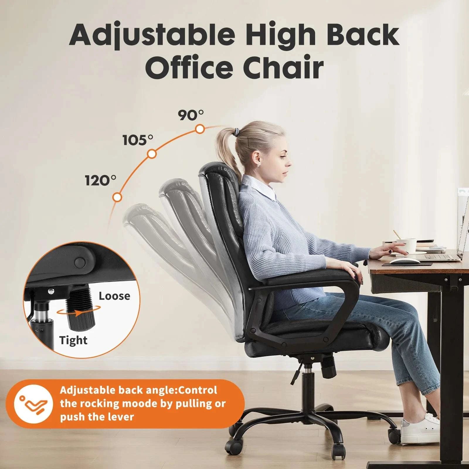 Ergonomic Office Chair with Flip-Up Arms PU Leather Swivel Seat-Beige / United States