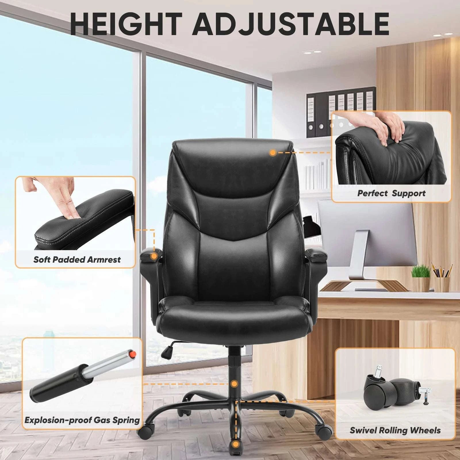 Ergonomic PU Leather Gaming Office Chair with Lumbar Support-Fixed handrails BN / United States