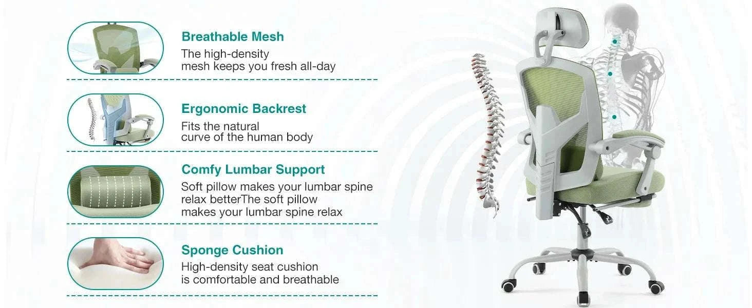 Ergonomic Reclining Mesh Office Chair with Footrest & Lumbar Support-Blue / United States