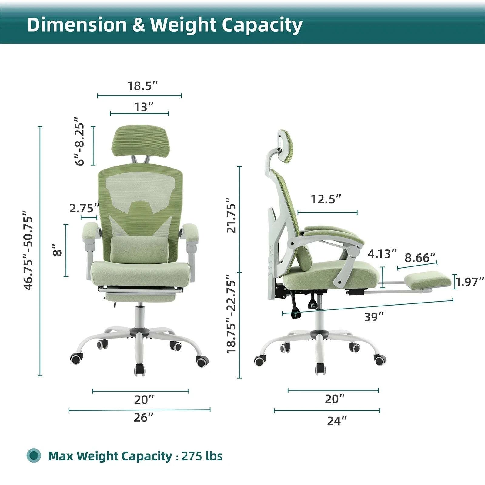 Ergonomic Reclining Mesh Office Chair with Footrest & Lumbar Support-Blue / United States