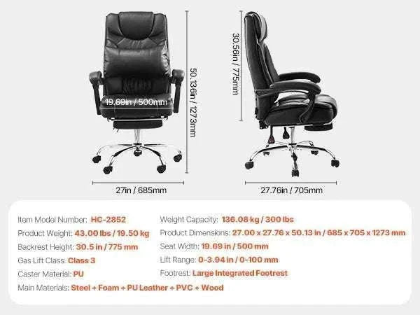 Ergonomic Reclining Office Chair with Footrest & 300lb Support-400lb Footrest Brown / United States