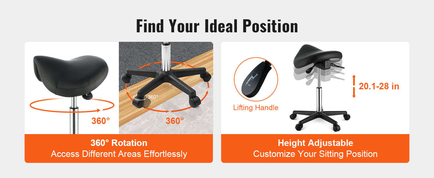 Ergonomic Saddle Stool with 5 Swivel Casters, 360° Rotation, 20.1-28 in Height Adjustable-Black / United States