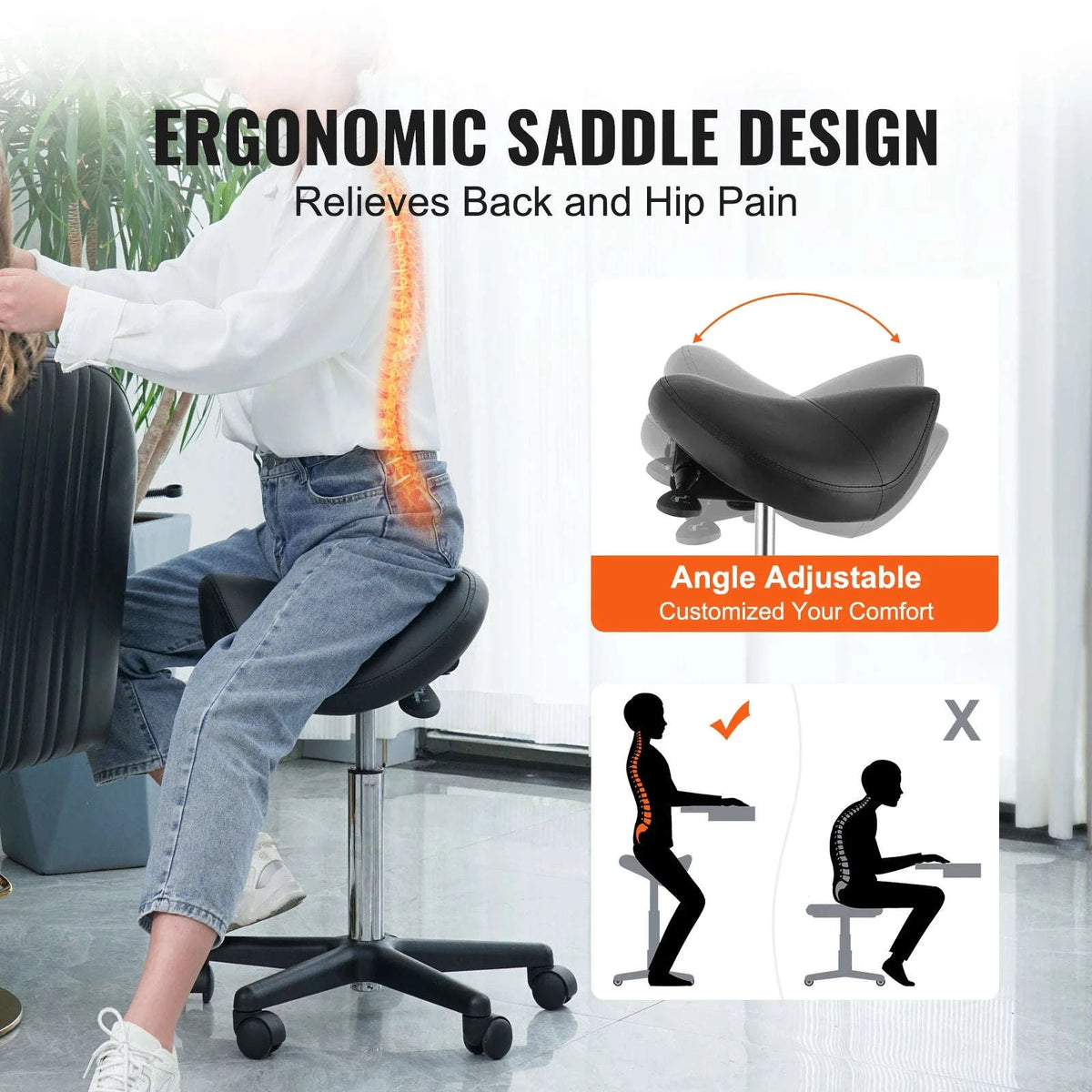 Ergonomic Saddle Stool with 5 Swivel Casters and Adjustable Height-CZECH REPUBLIC
