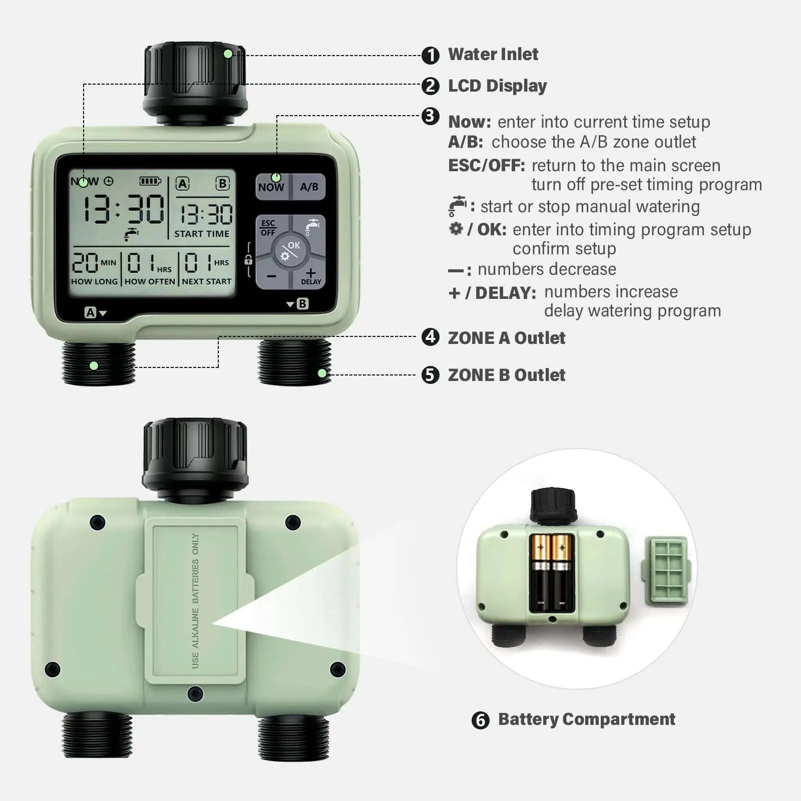 Eshico HCT-326 2-Outlet Water Timer for Precise Outdoor Irrigation-HCT-326-UN / United States