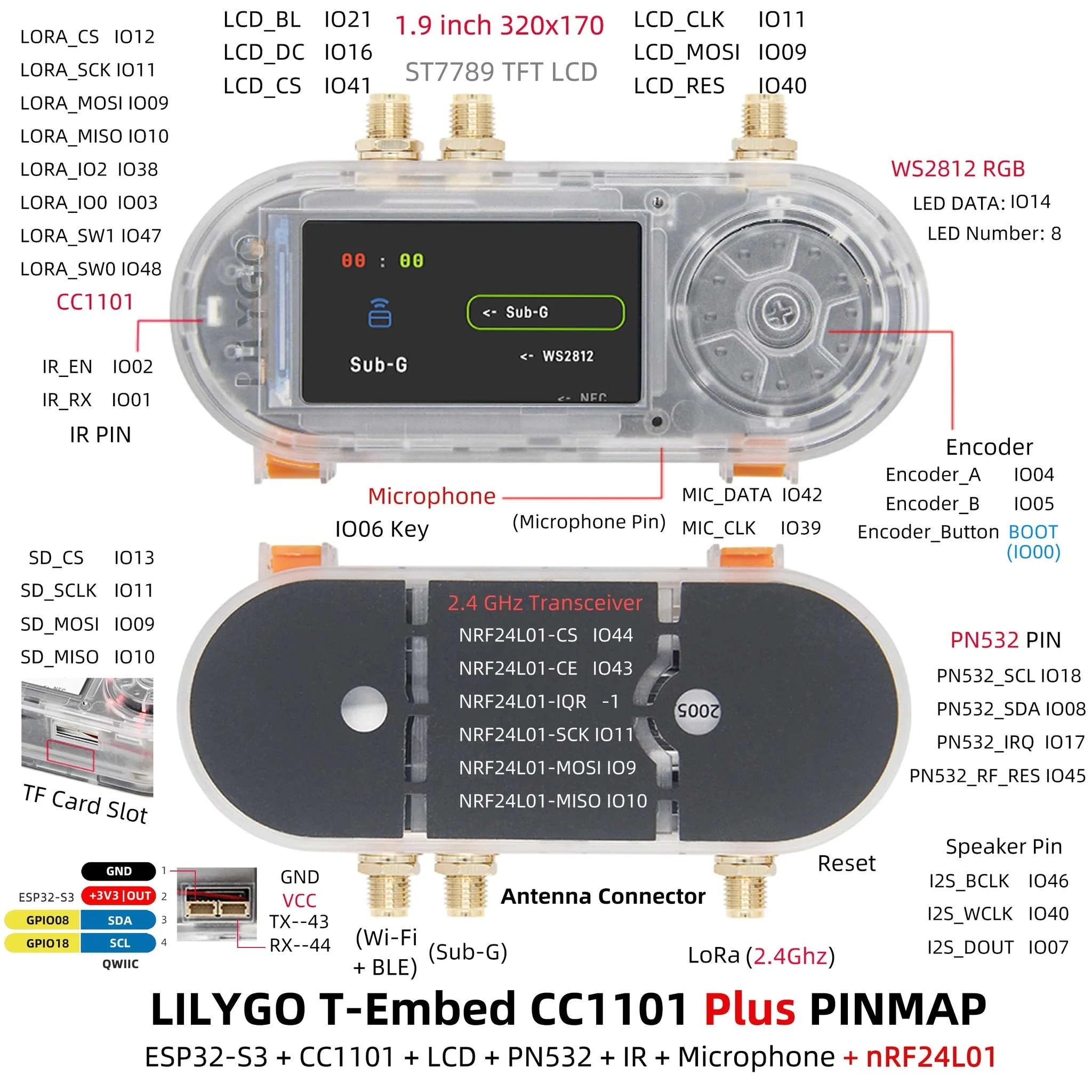 ESP32-S3 RF Development Board with CC1101, NFC, LCD & 1300mAh Battery-Transparent(Ext.Ant) / China Mainland / T-Embed PLUS