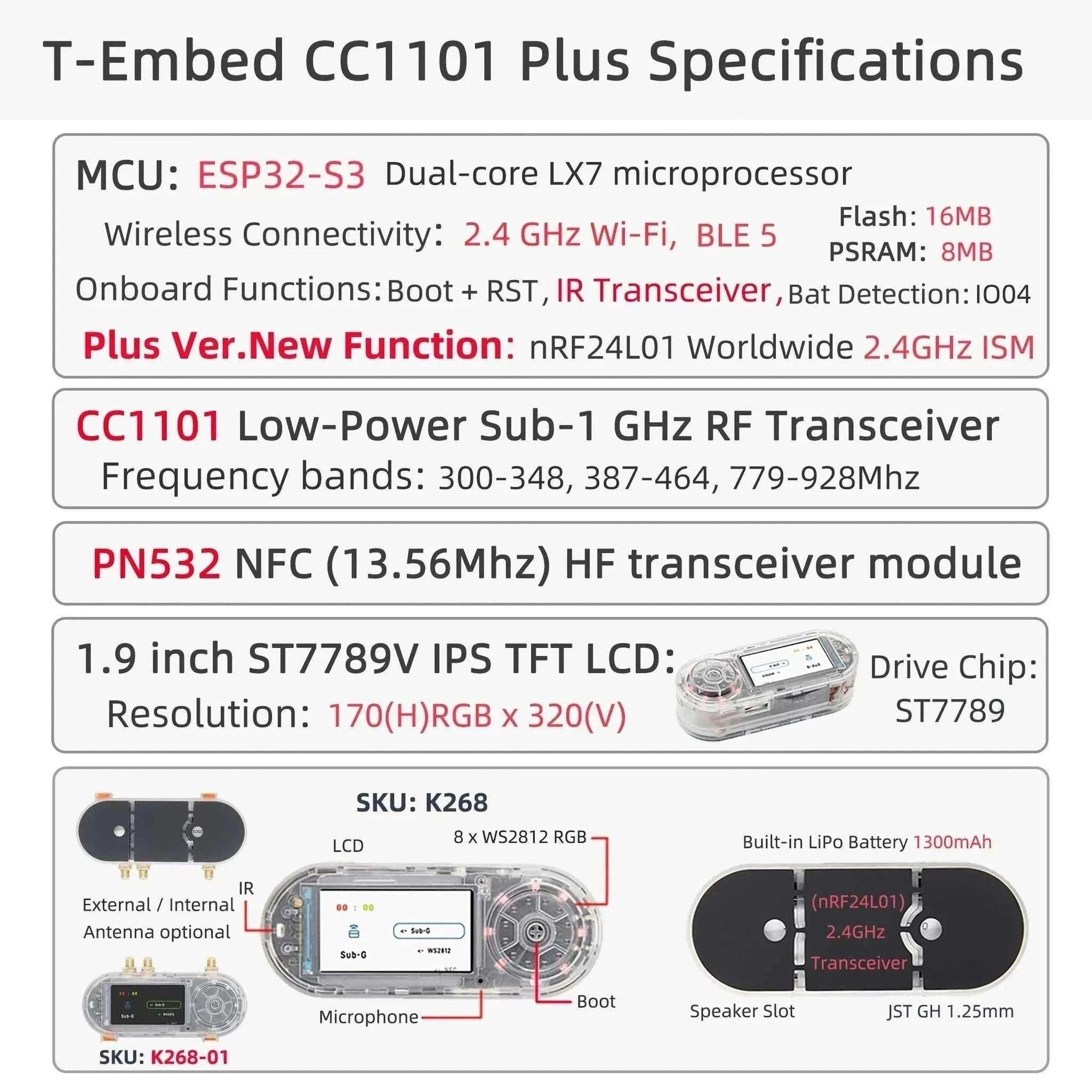 ESP32-S3 RF Development Board with CC1101, NFC, LCD & 1300mAh Battery-Transparent(Ext.Ant) / China Mainland / T-Embed PLUS
