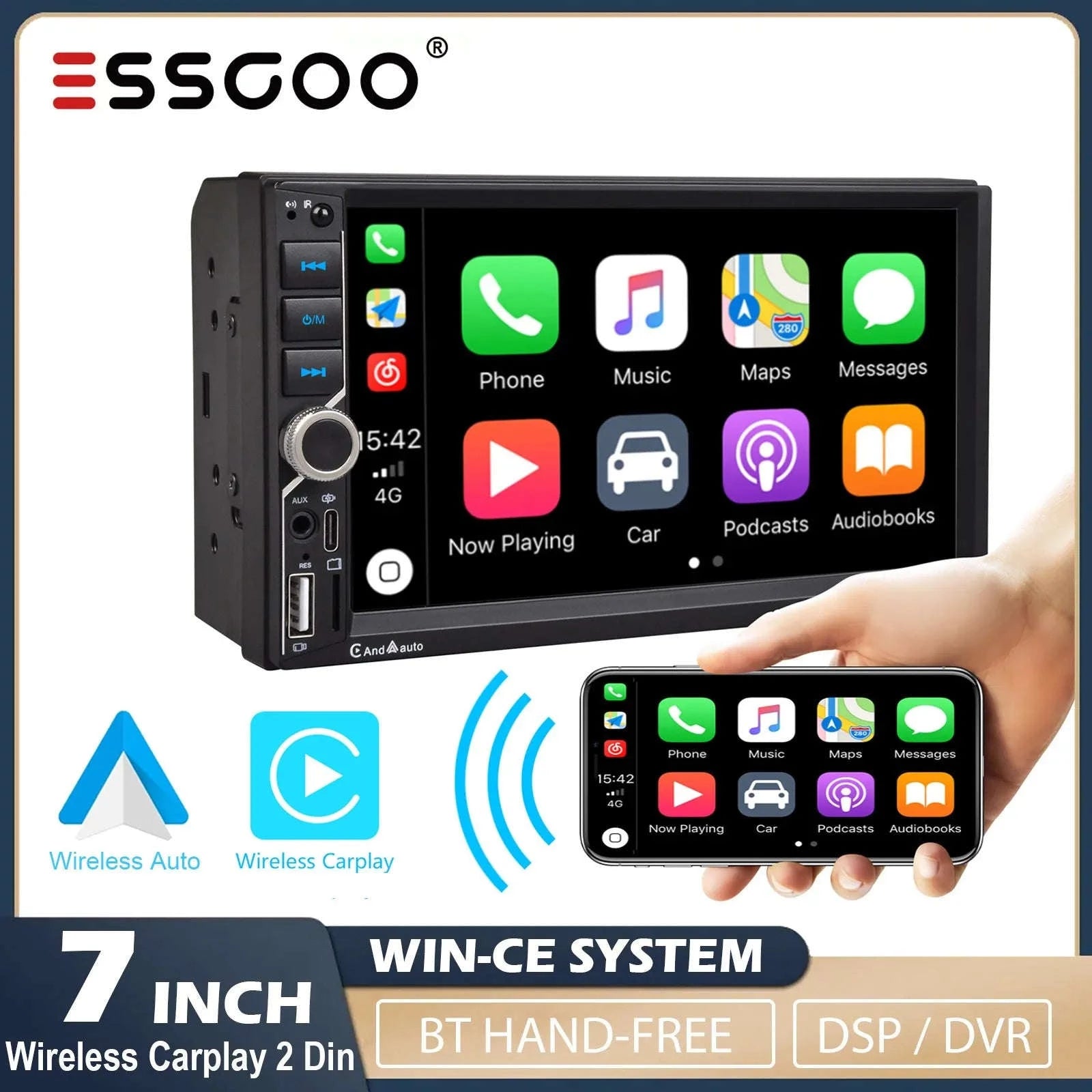 ESSGOO 7 Inch Car Radio with CarPlay & Android Auto-7 inch 12 LED Mic / UNITED KINGDOM