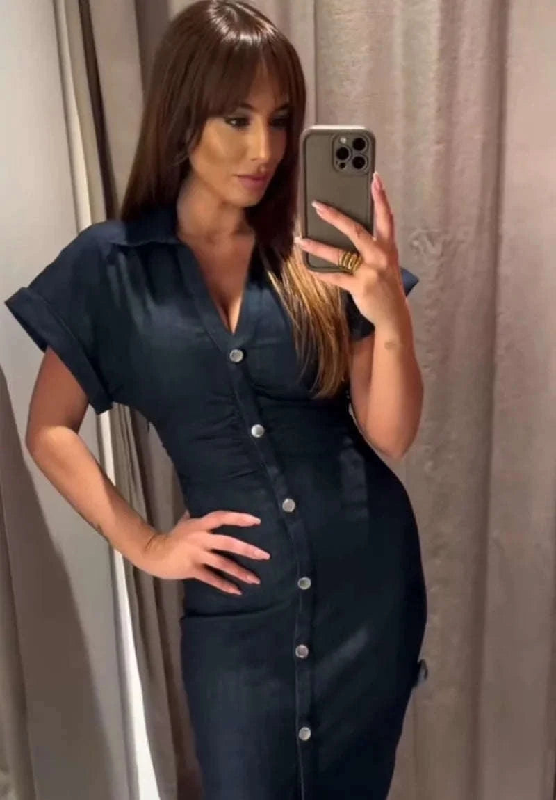 ETJ 2025 Spring Denim Dress-Navy Blue / L