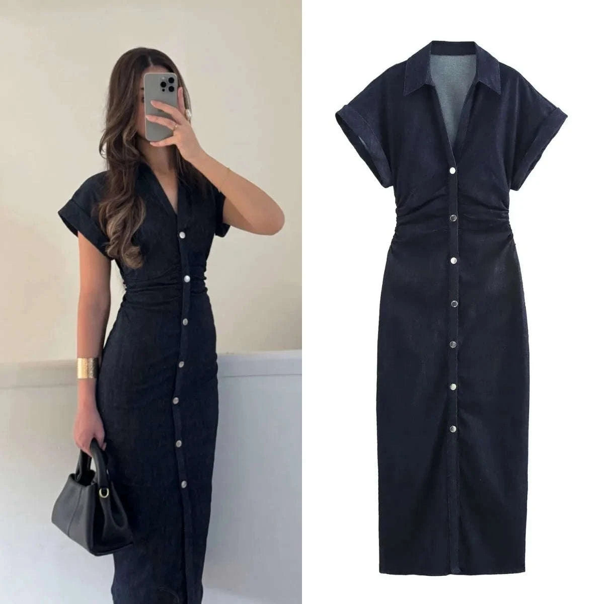 ETJ 2025 Spring Denim Dress-Navy Blue / L