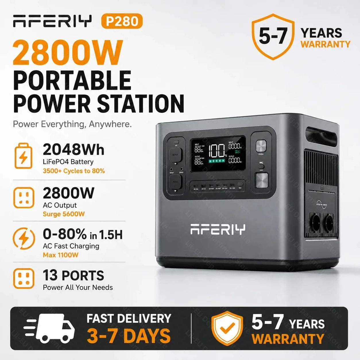 EU STOCK AFERIY P280 Portable Emergency Power Station 2800W 2048Wh LiFePO4 Solar Generator for Home Backup Outdoor Camping RV-AF-P280 / EU PLUG