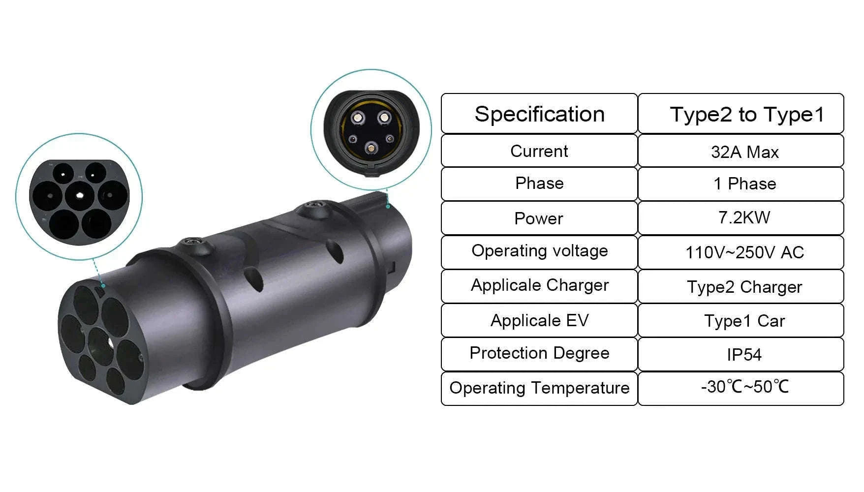 EV Charging Adapter Type 2 to Type 1 J1772 Converter-7.2kW Tyoe2 to Type1 / france