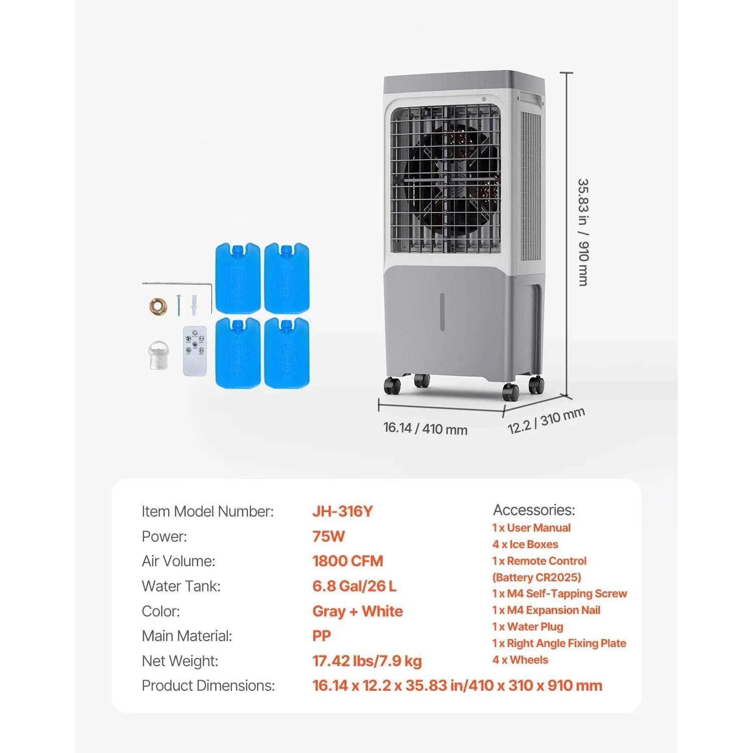 Evaporative Air Cooler 3100 CFM with 9 Gal Tank, Remote & Timer-26L / United States