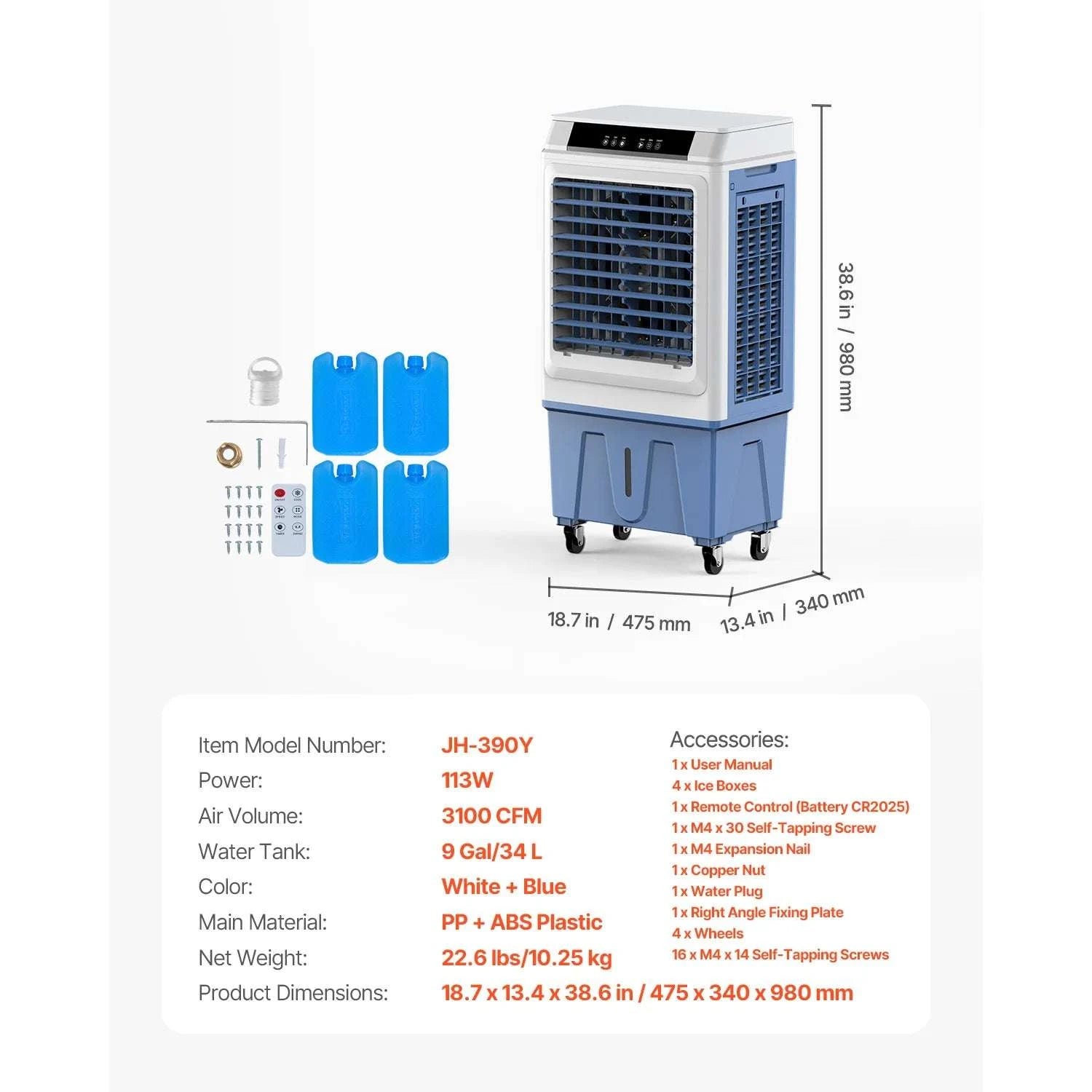 Evaporative Air Cooler 3100 CFM with 9 Gal Tank, Remote & Timer-26L / United States