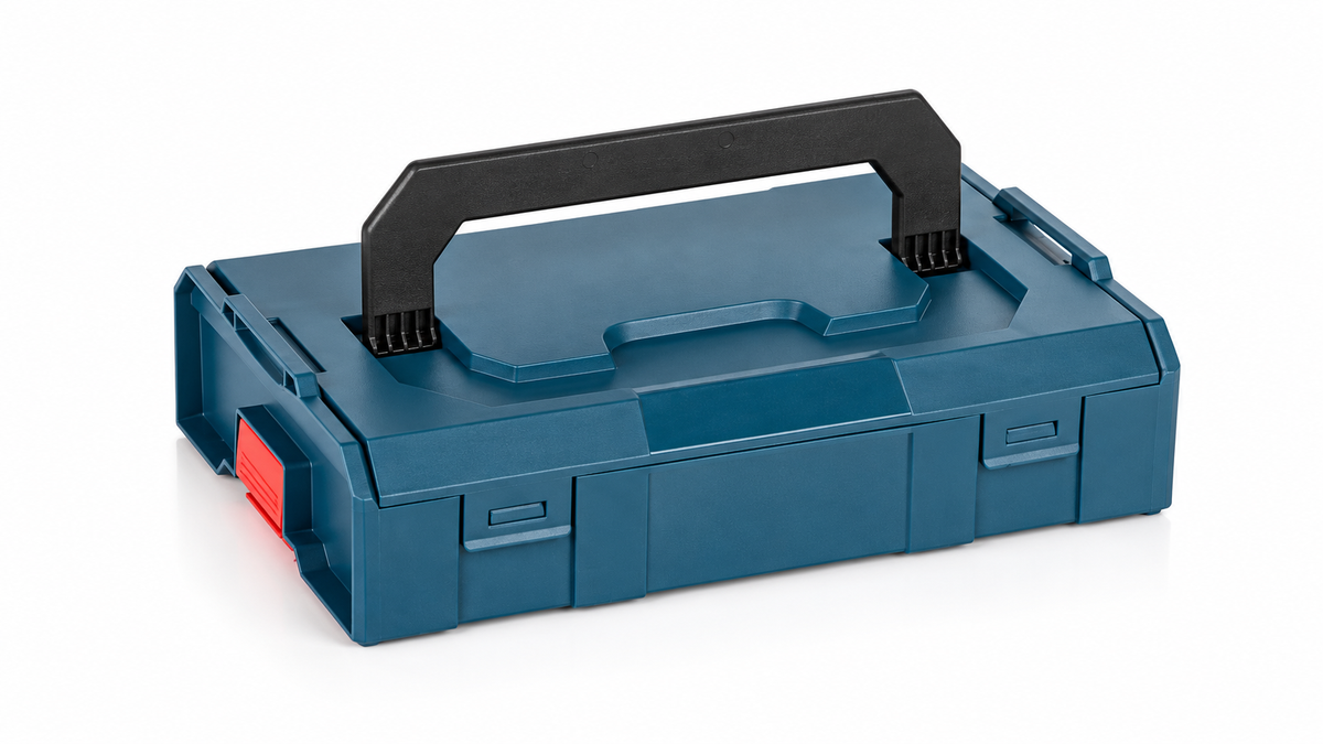 Unbranded dark teal mini tool case with handle and red latch on white background