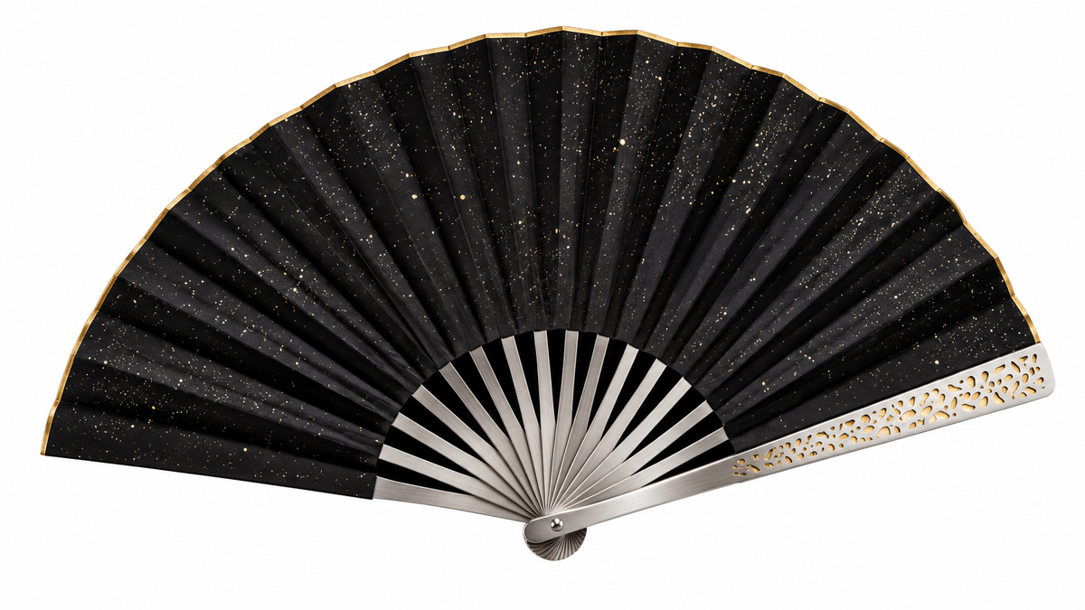 Open black and gold folding fan on a white background