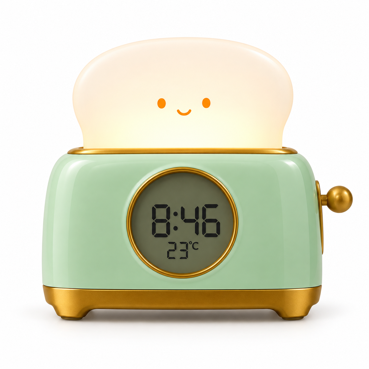 Toaster-shaped mint-green alarm clock with night light on white background